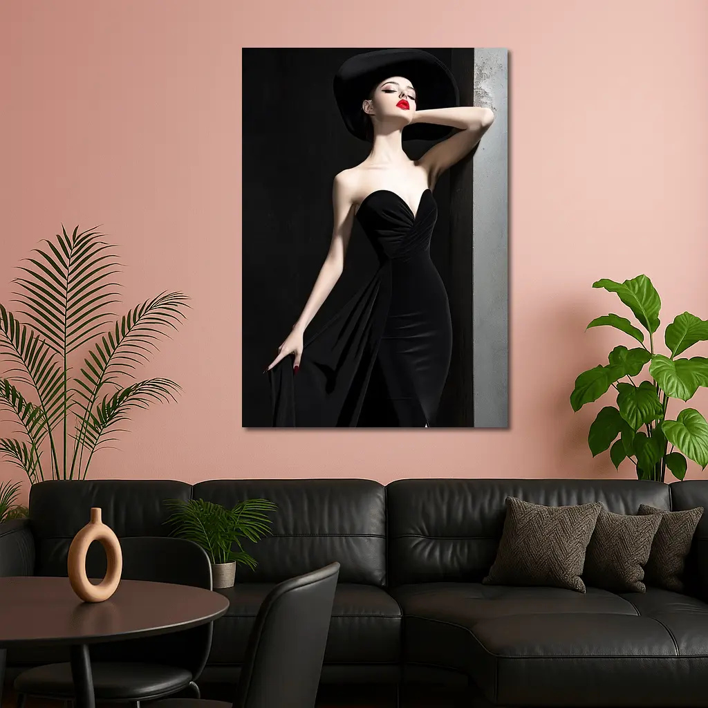 Elegant Woman Black Dress Wide Brim Hat – Wall Art
