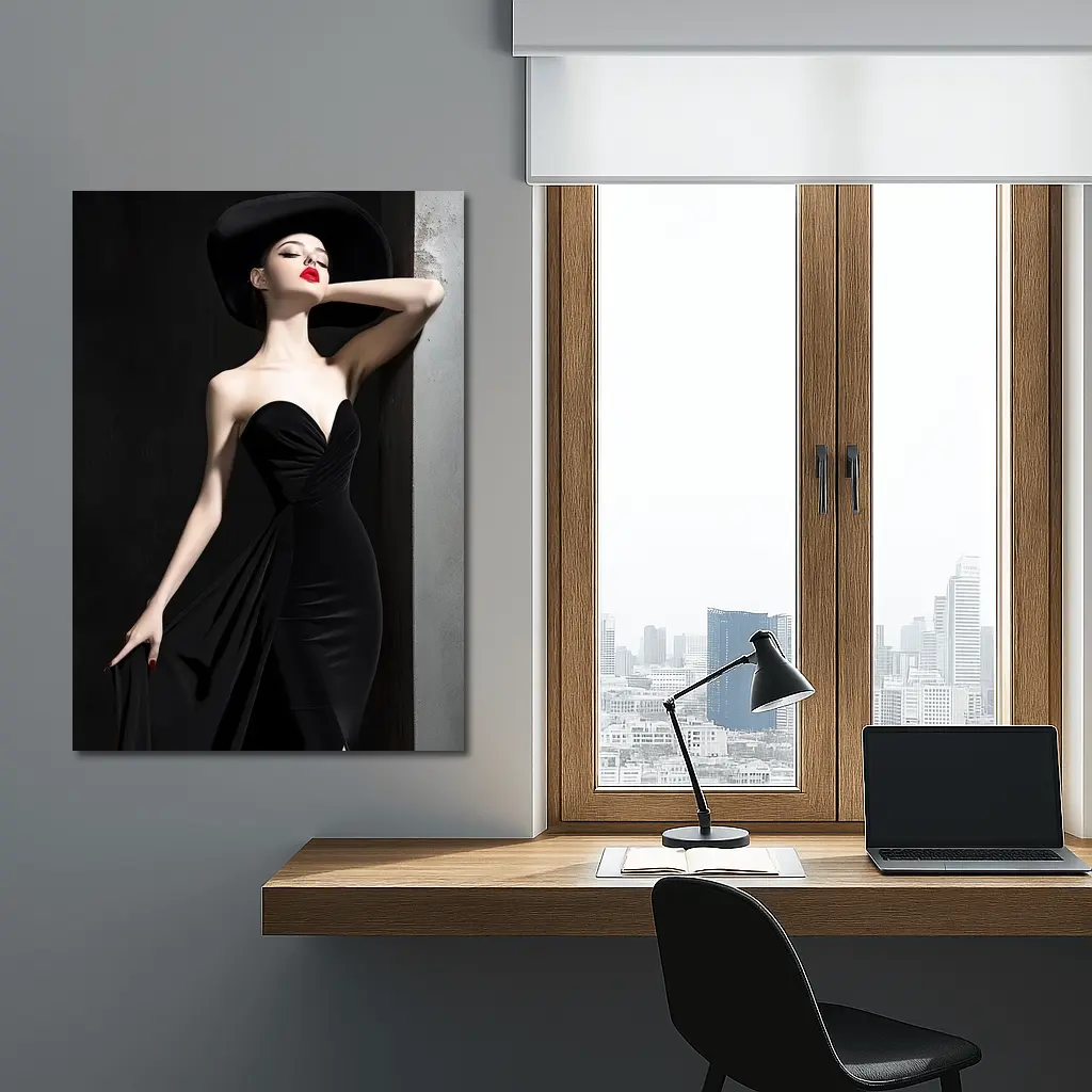 Elegant Woman Black Dress Wide Brim Hat – Wall Art