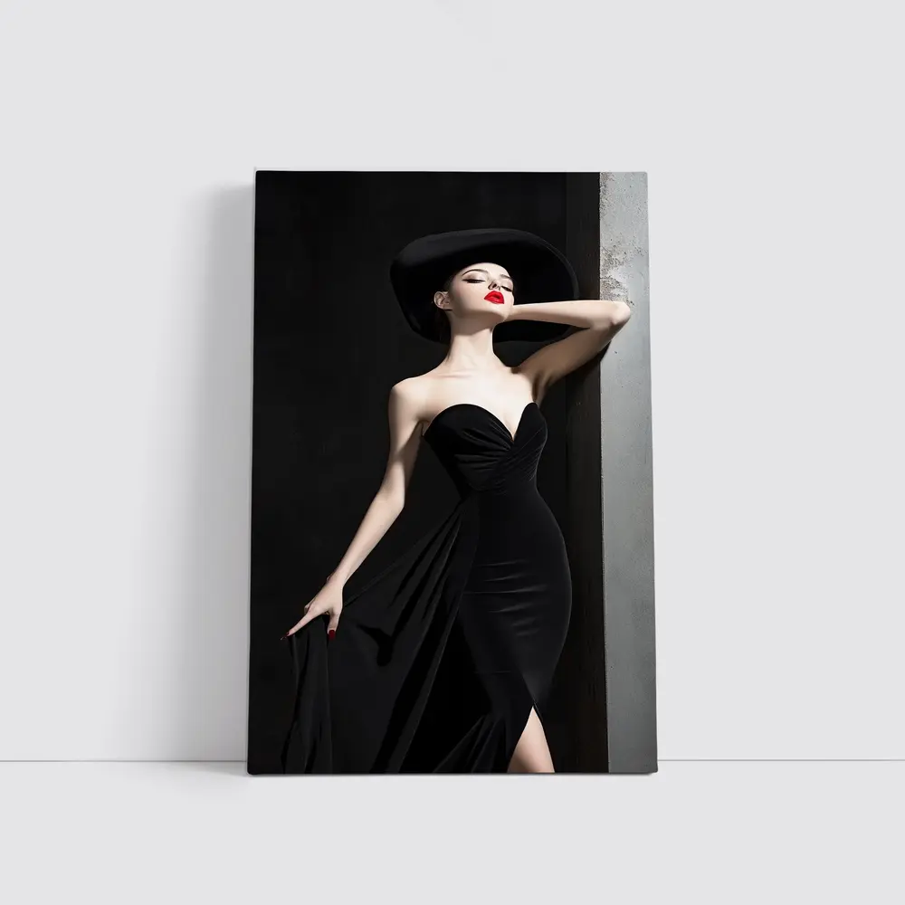 Elegant Woman Black Dress Wide Brim Hat – Wall Art