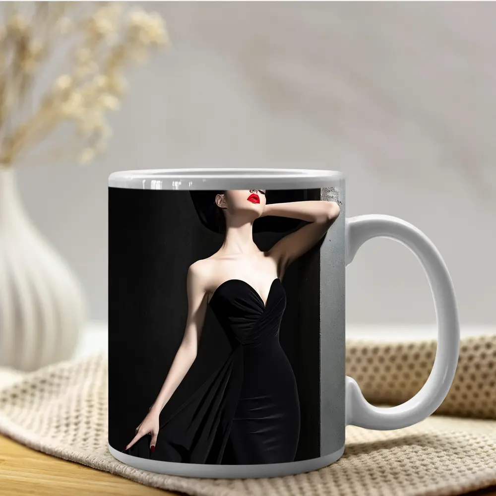 Elegant Woman Black Dress Wide Brim Hat – Mugs