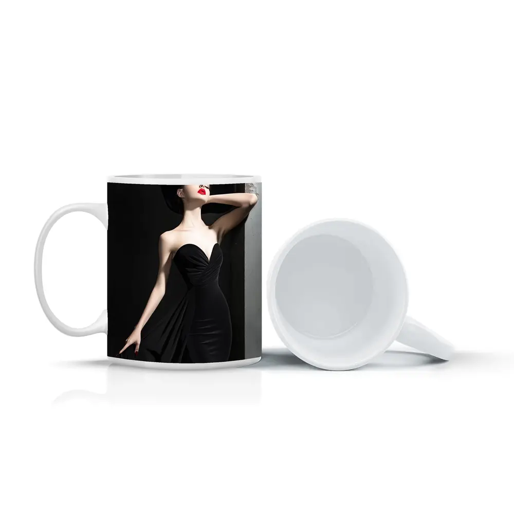Elegant Woman Black Dress Wide Brim Hat – Mugs