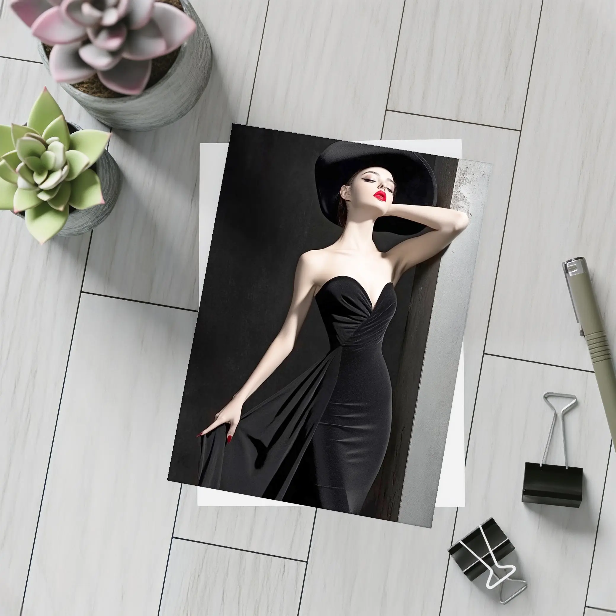 Elegant Woman Black Dress Wide Brim Hat – Postcards