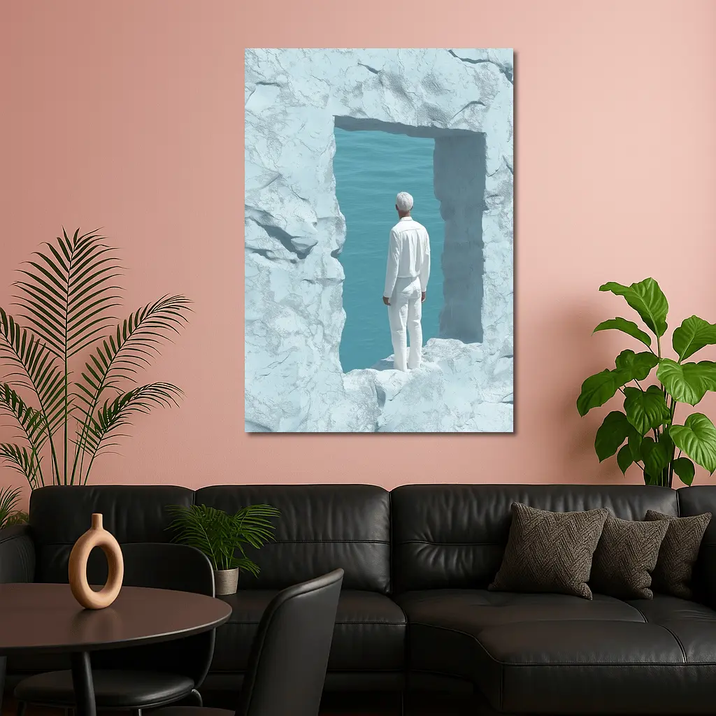 Man Standing In White Rock Ocean Portal – Wall Art