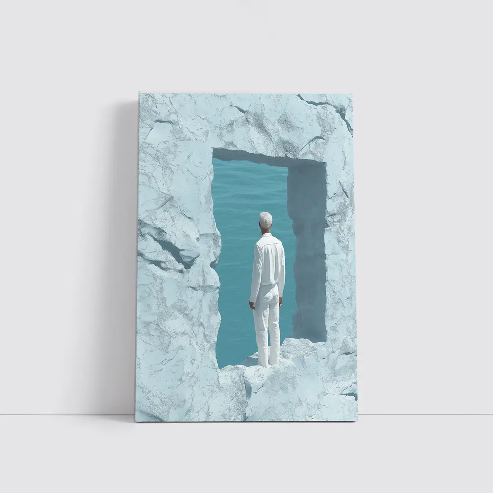 Man Standing In White Rock Ocean Portal – Wall Art