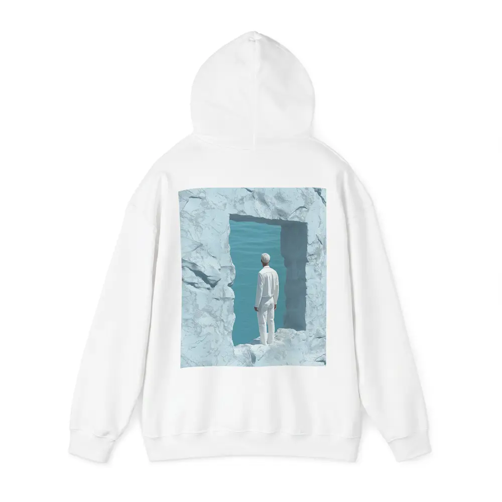 Man Standing In White Rock Ocean Portal – Hoodies