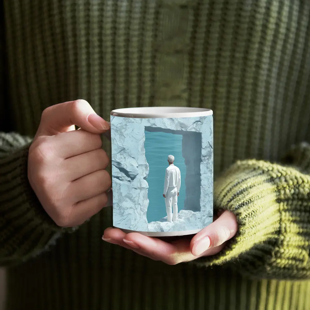 Man Standing In White Rock Ocean Portal – Mugs