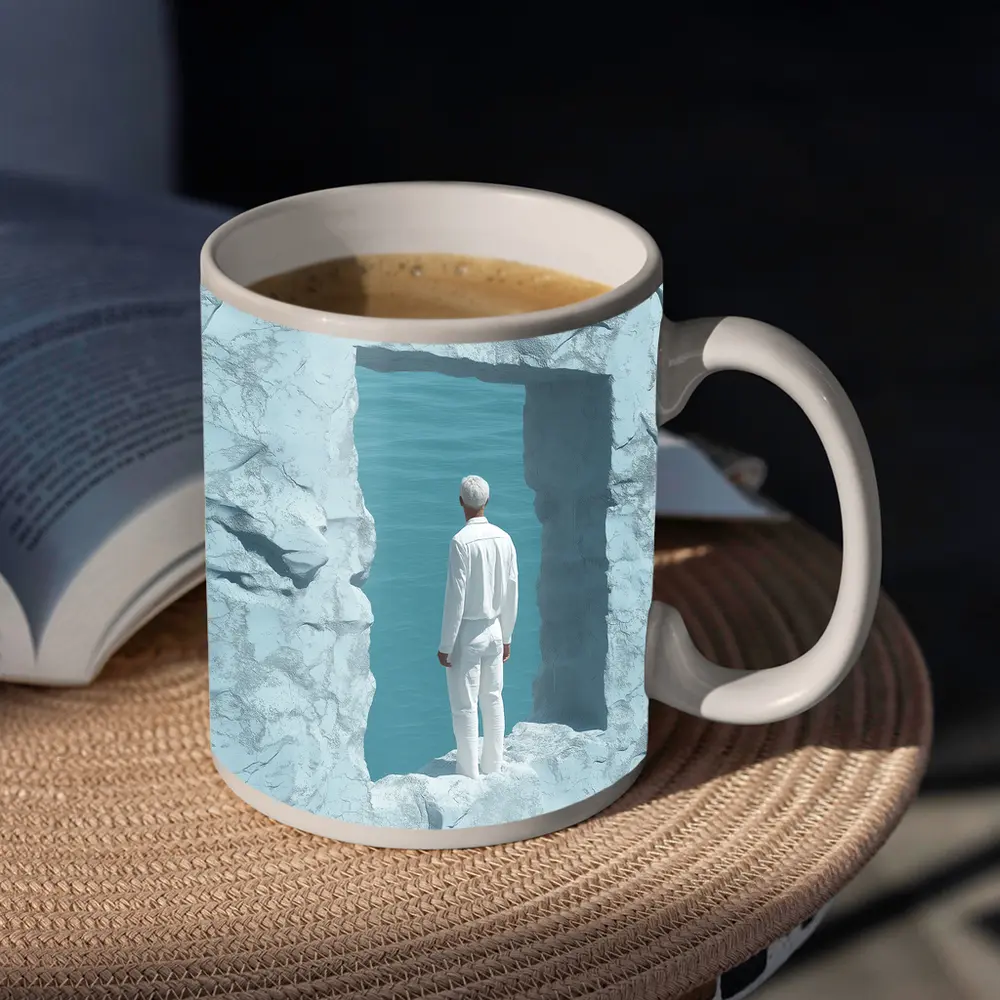 Man Standing In White Rock Ocean Portal – Mugs