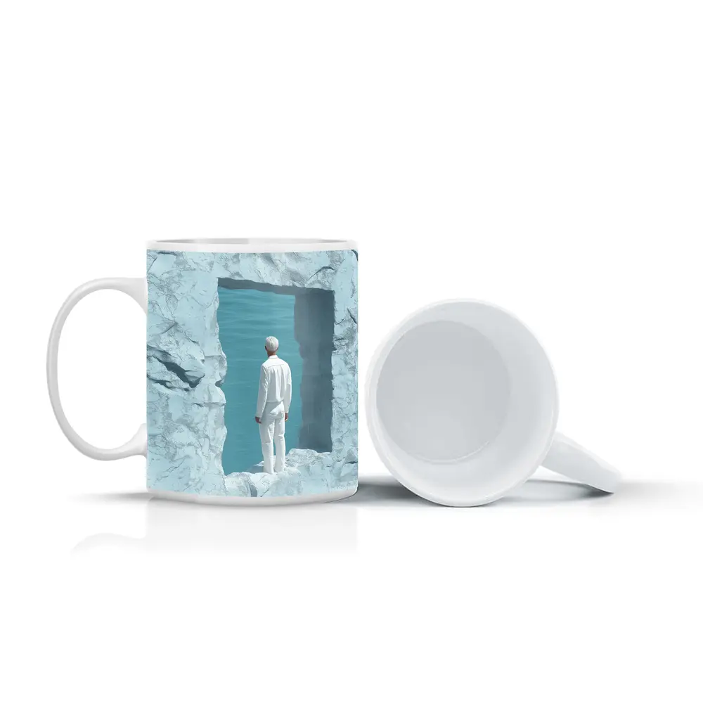Man Standing In White Rock Ocean Portal – Mugs