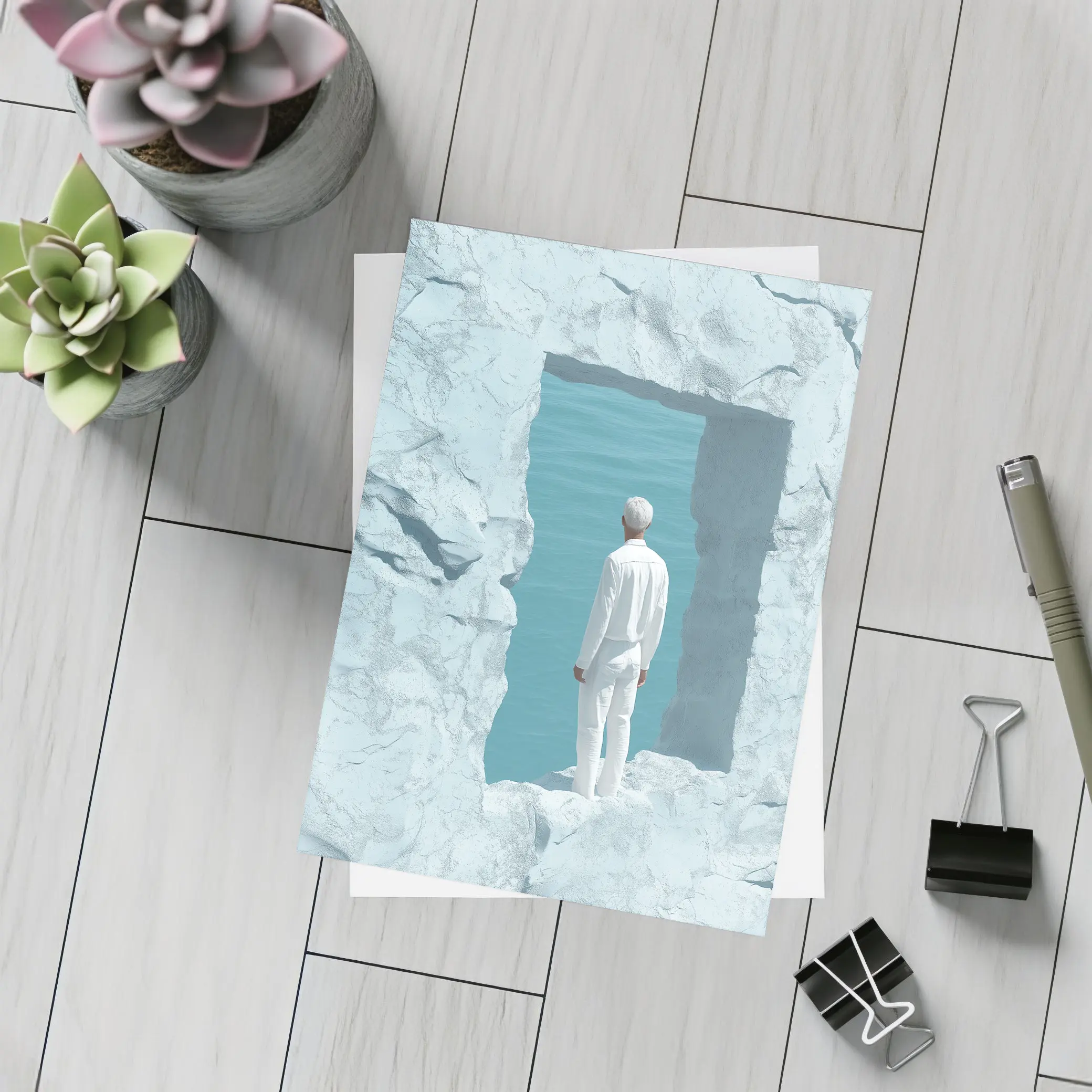 Man Standing In White Rock Ocean Portal – Postcards