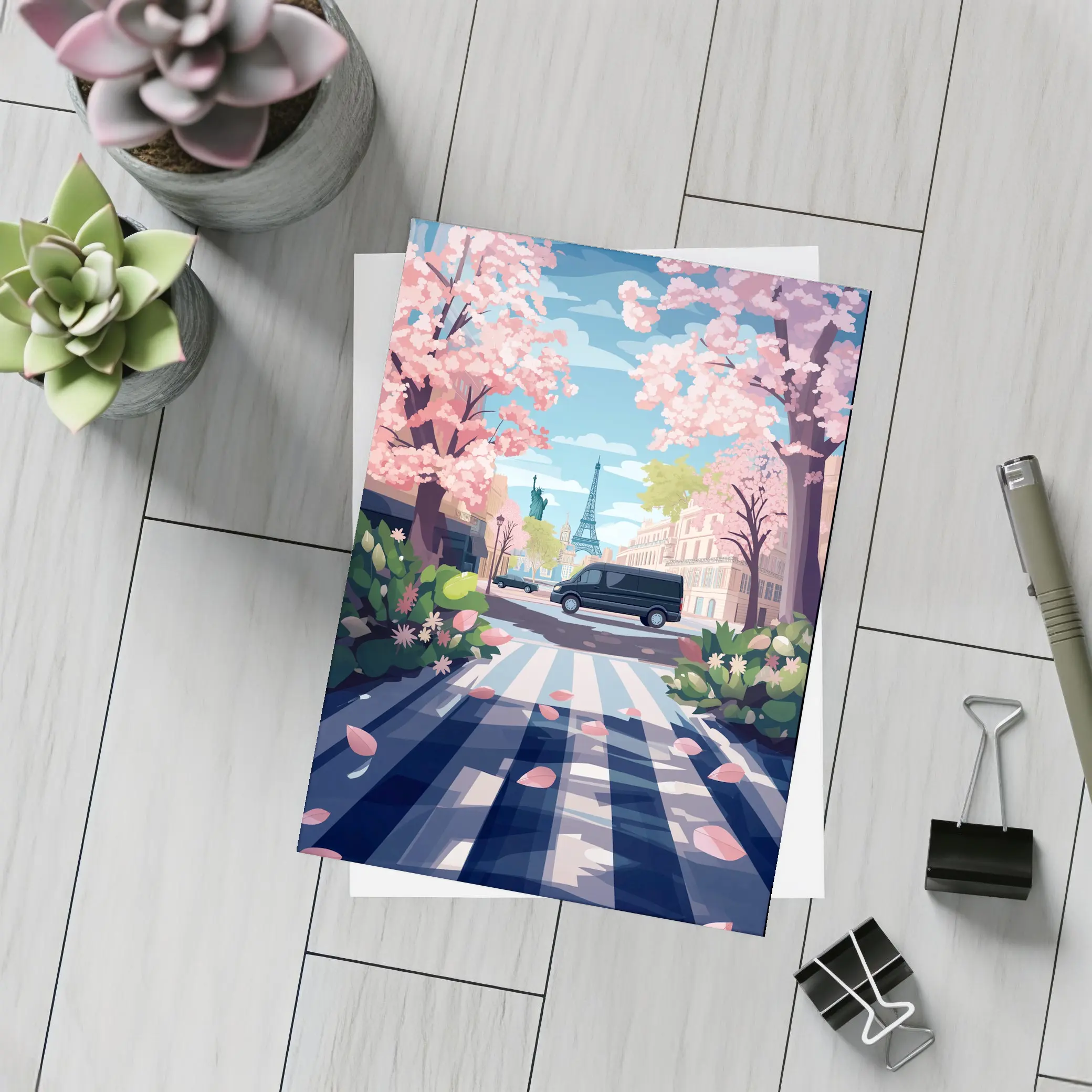 Eiffel Tower Paris Street Cherry Blossoms Spring – Postcards