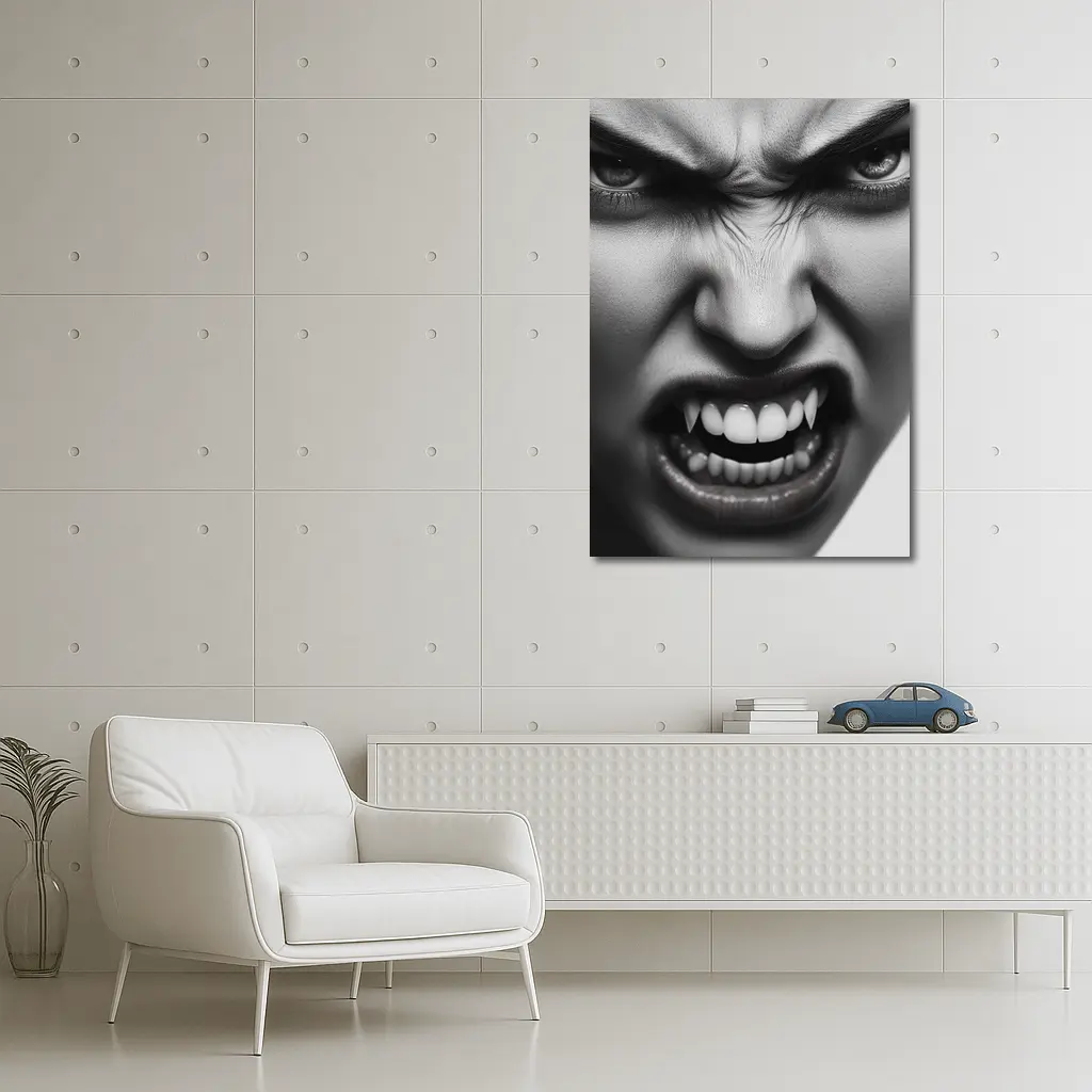 Angry Vampire Woman Black White Portrait – Wall Art