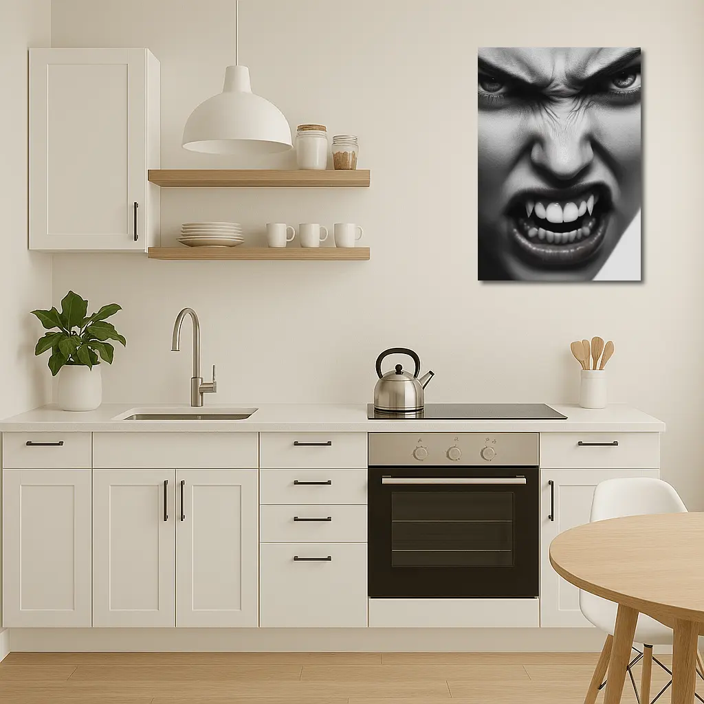 Angry Vampire Woman Black White Portrait – Wall Art
