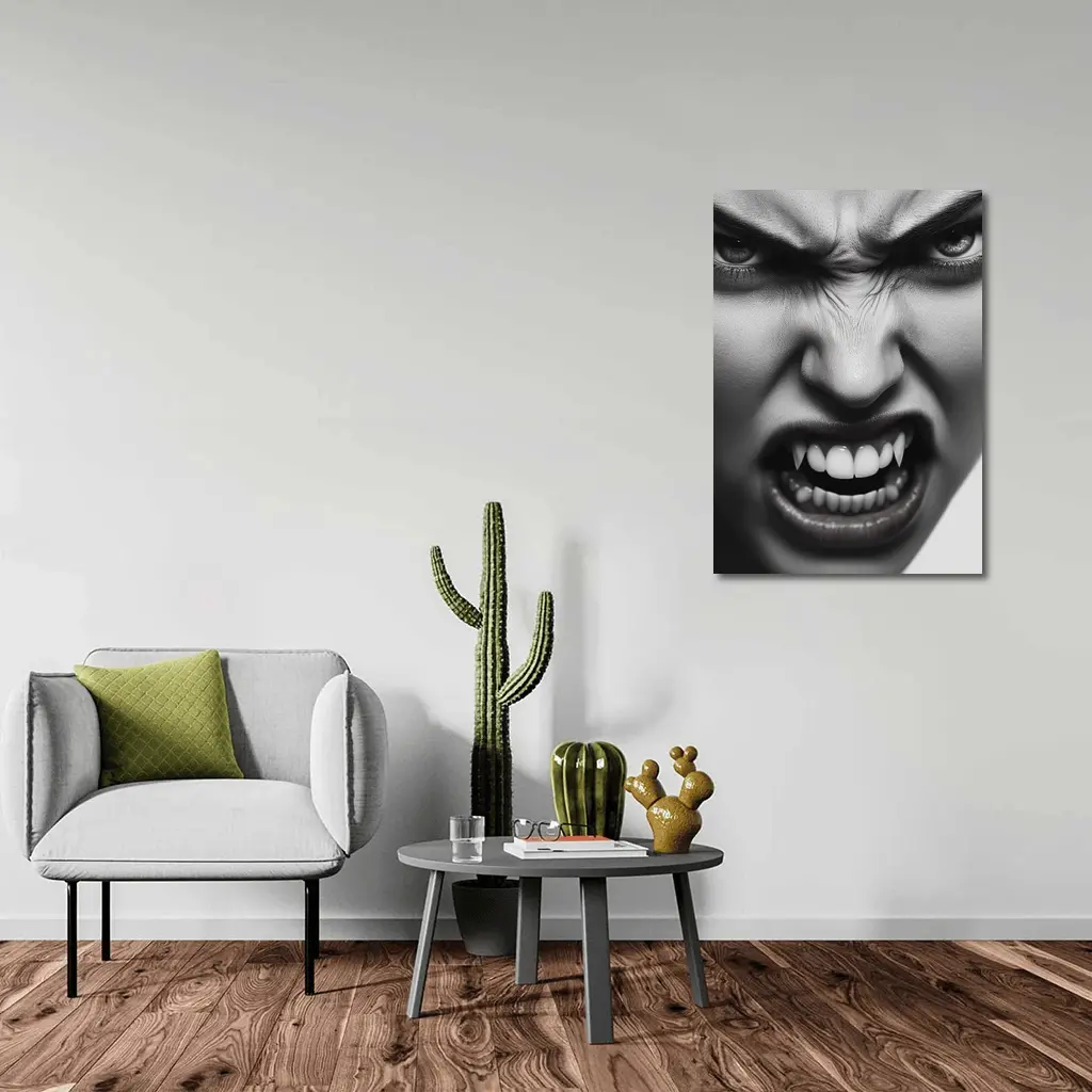 Angry Vampire Woman Black White Portrait – Wall Art