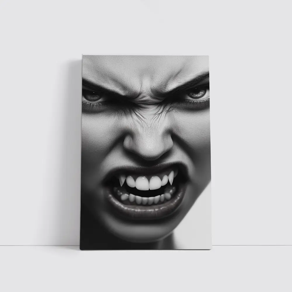 Angry Vampire Woman Black White Portrait – Wall Art