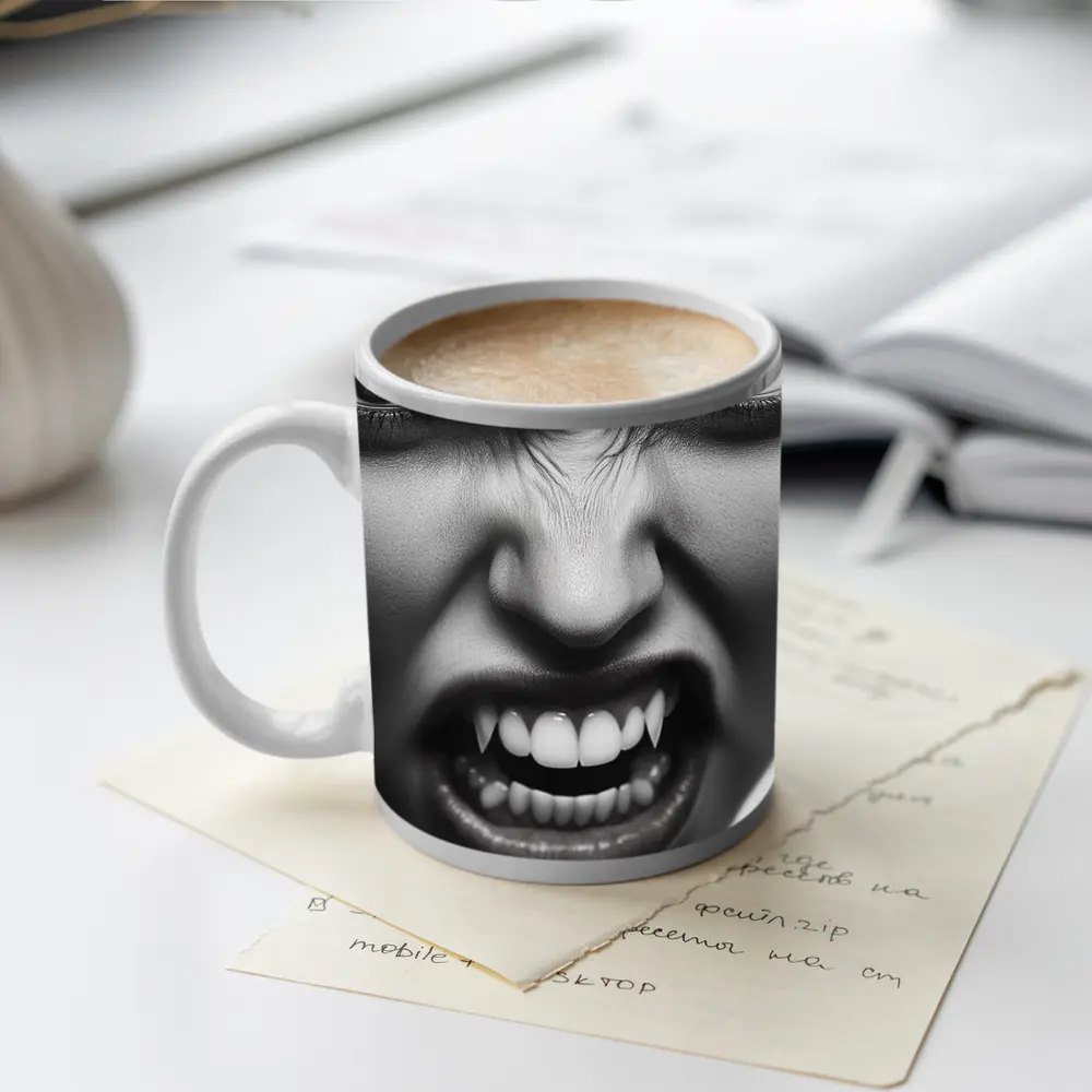 Angry Vampire Woman Black White Portrait – Mugs