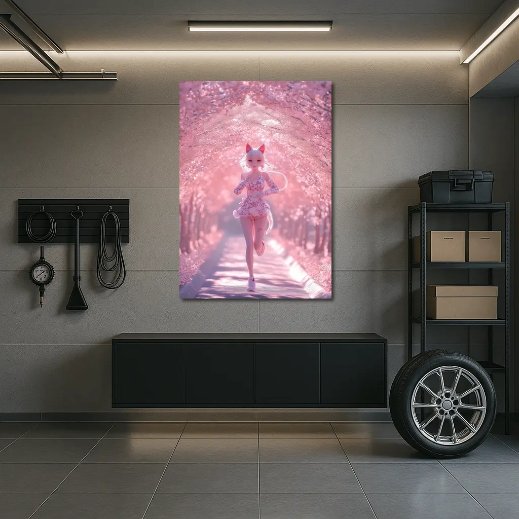 Anime Girl Running Cherry Blossom Path – Wall Art