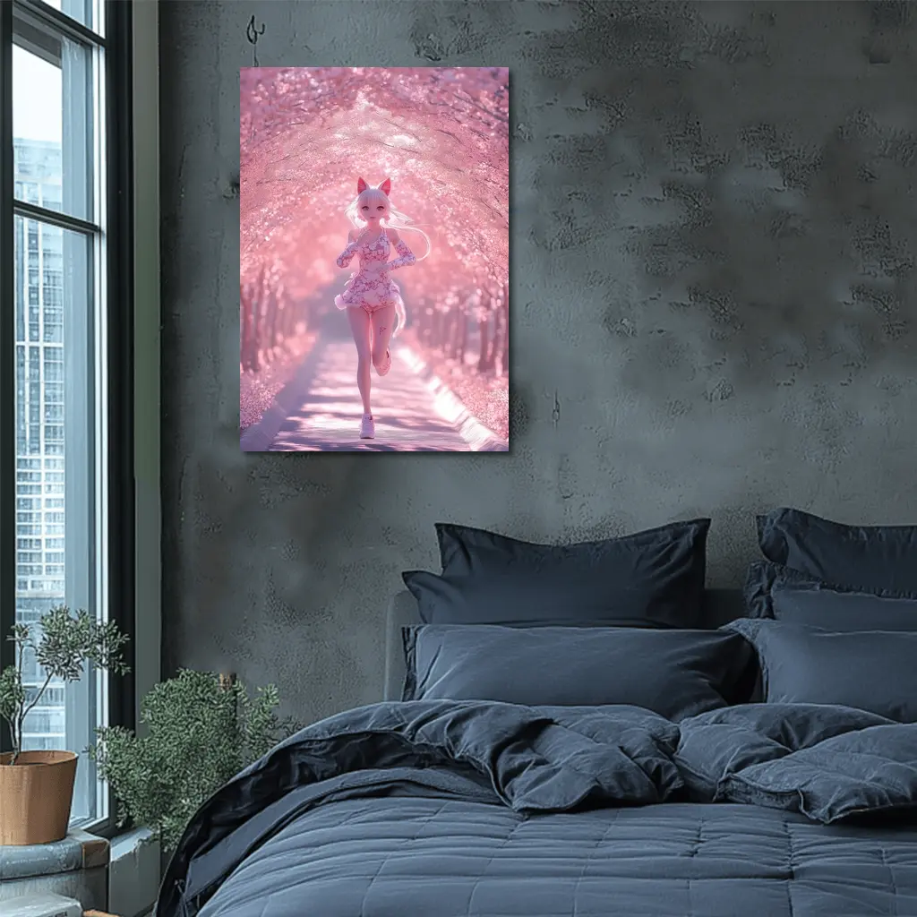 Anime Girl Running Cherry Blossom Path – Wall Art