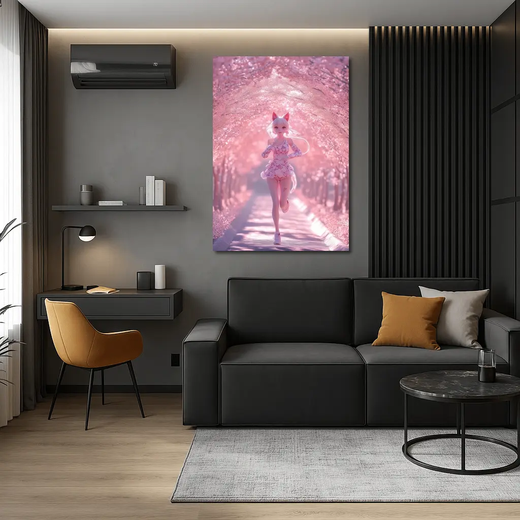 Anime Girl Running Cherry Blossom Path – Wall Art