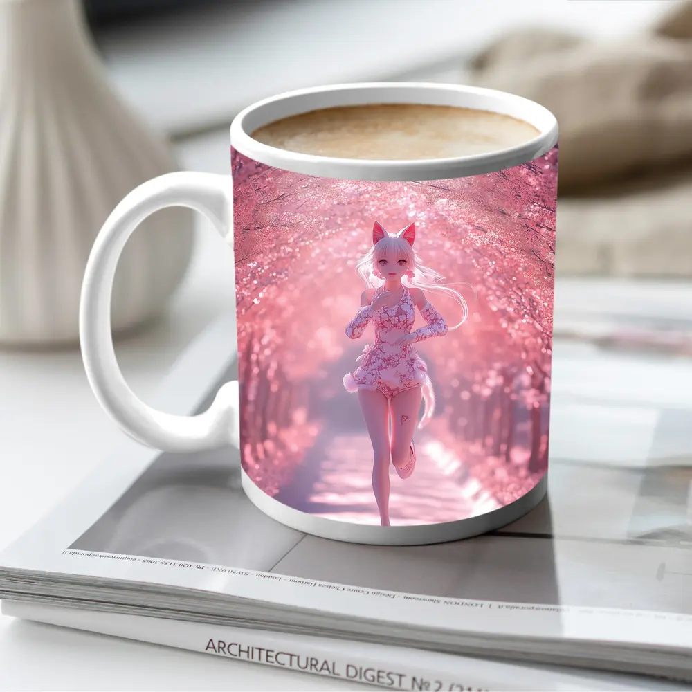 Anime Girl Running Cherry Blossom Path – Mugs