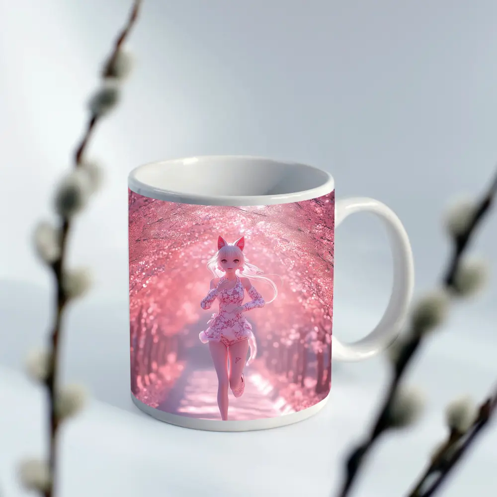 Anime Girl Running Cherry Blossom Path – Mugs