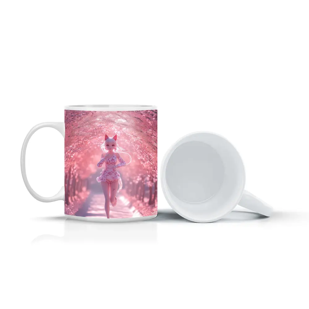 Anime Girl Running Cherry Blossom Path – Mugs
