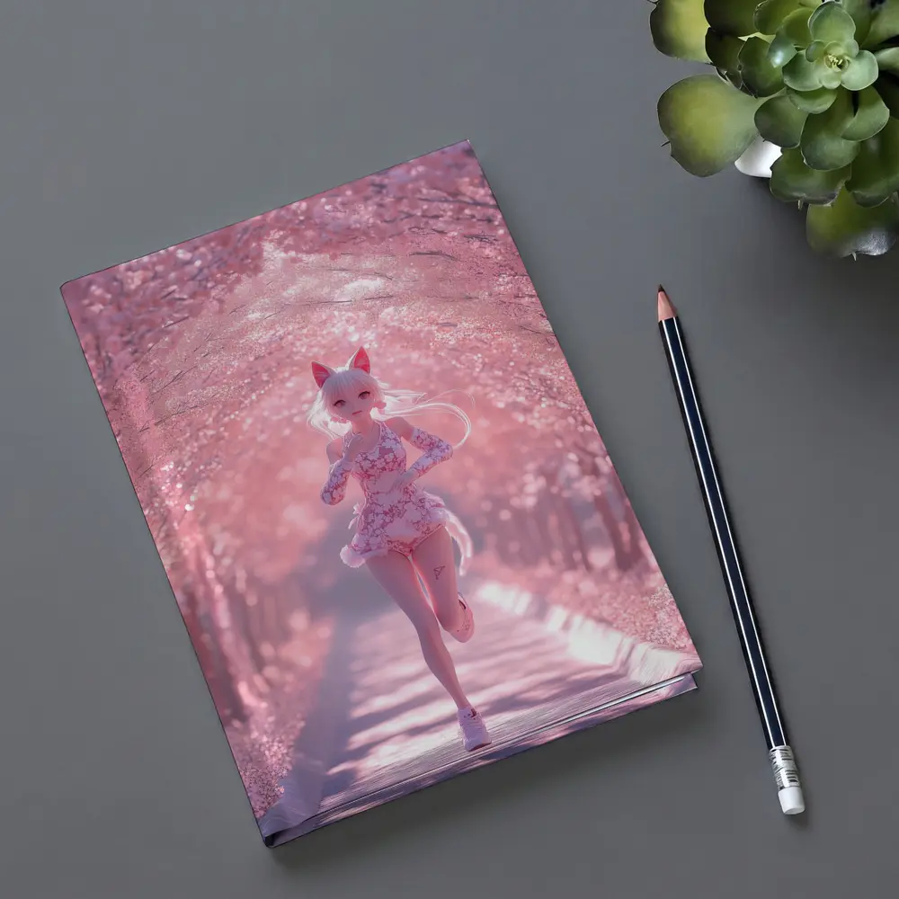 Anime Girl Running Cherry Blossom Path – Notebooks
