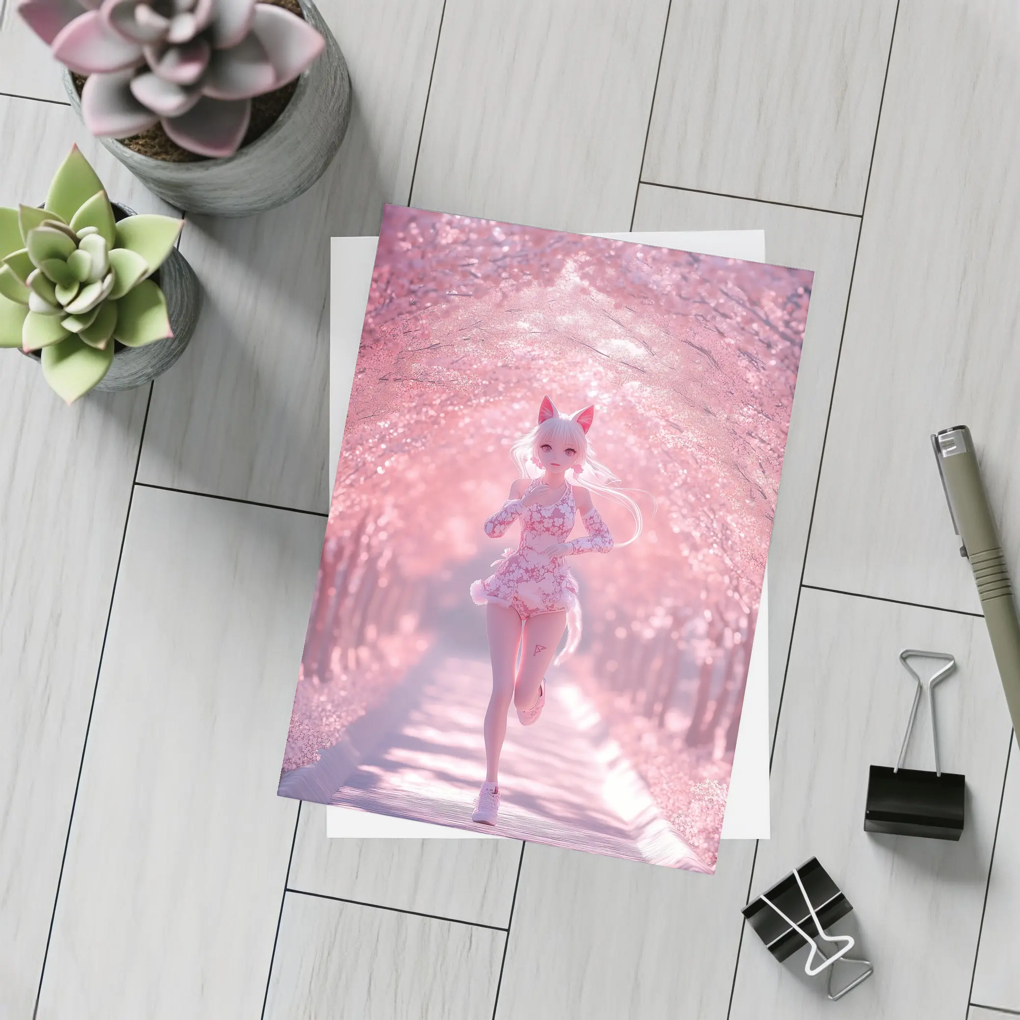 Anime Girl Running Cherry Blossom Path – Postcards