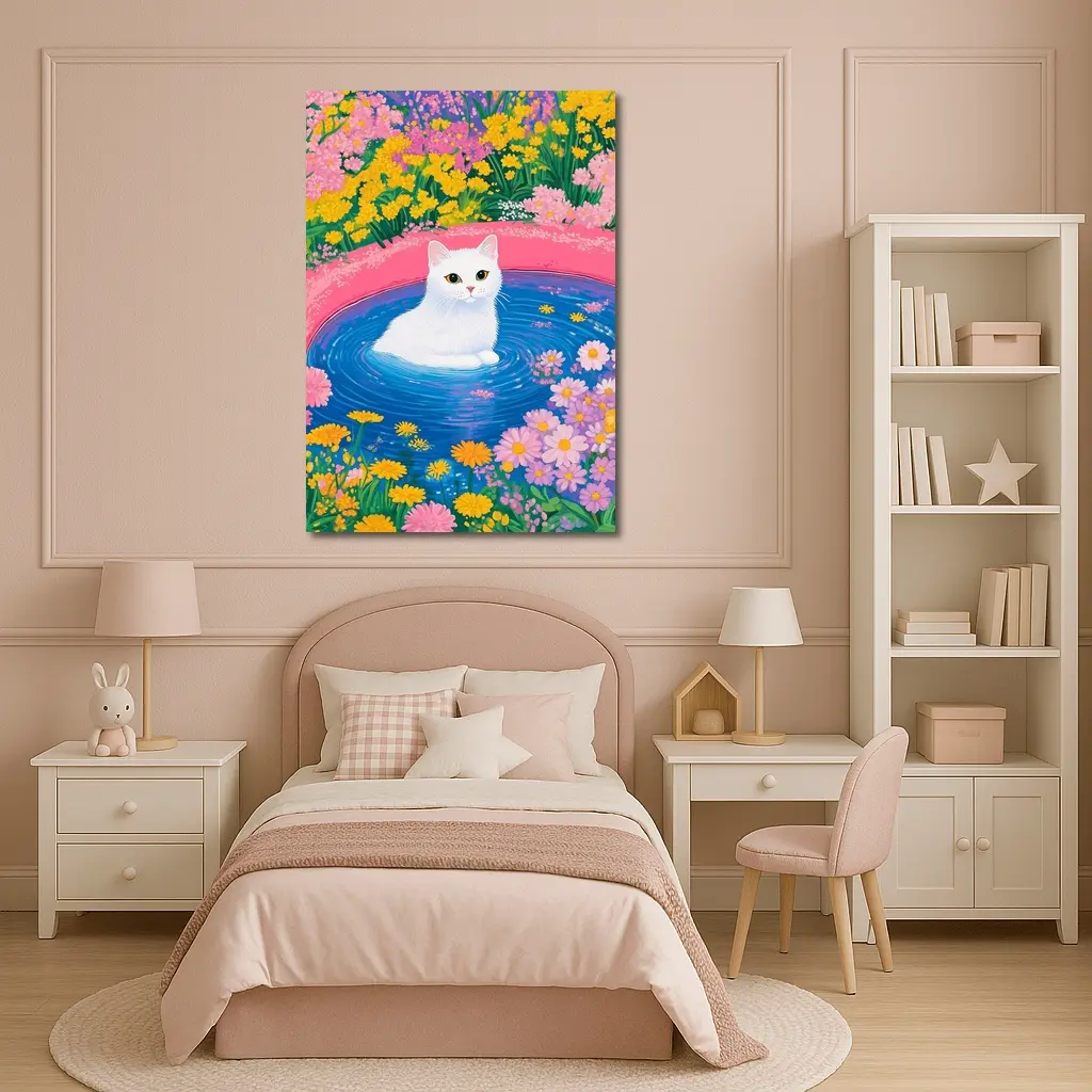 White Cat Sitting in Floral Garden Pool – Wall Art