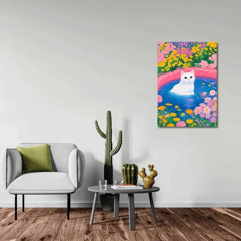 White Cat Sitting in Floral Garden Pool – Wall Art
