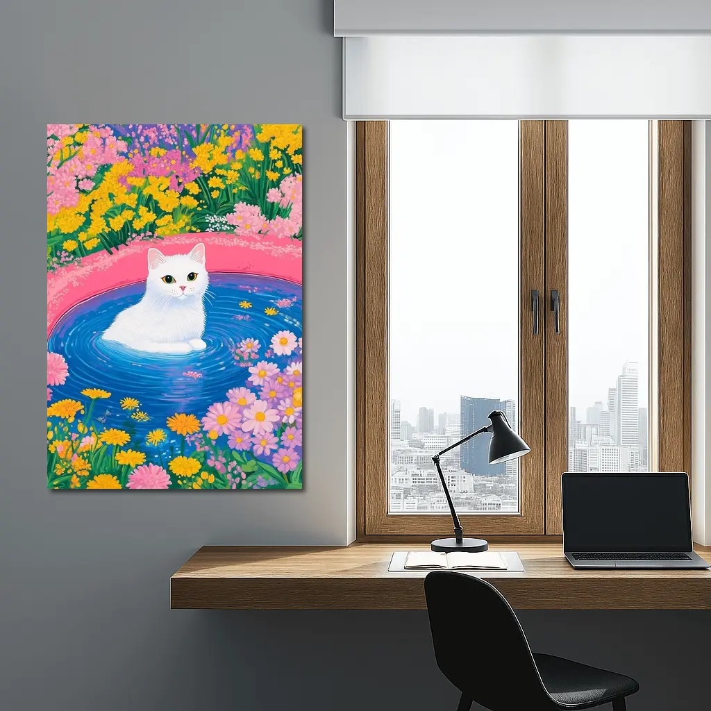 White Cat Sitting in Floral Garden Pool – Wall Art