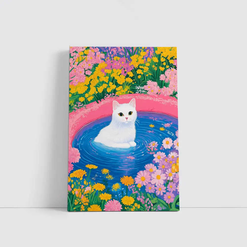 White Cat Sitting in Floral Garden Pool – Wall Art