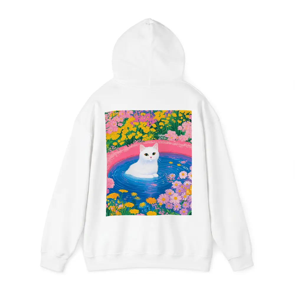 White Cat Sitting in Floral Garden Pool – Hoodies