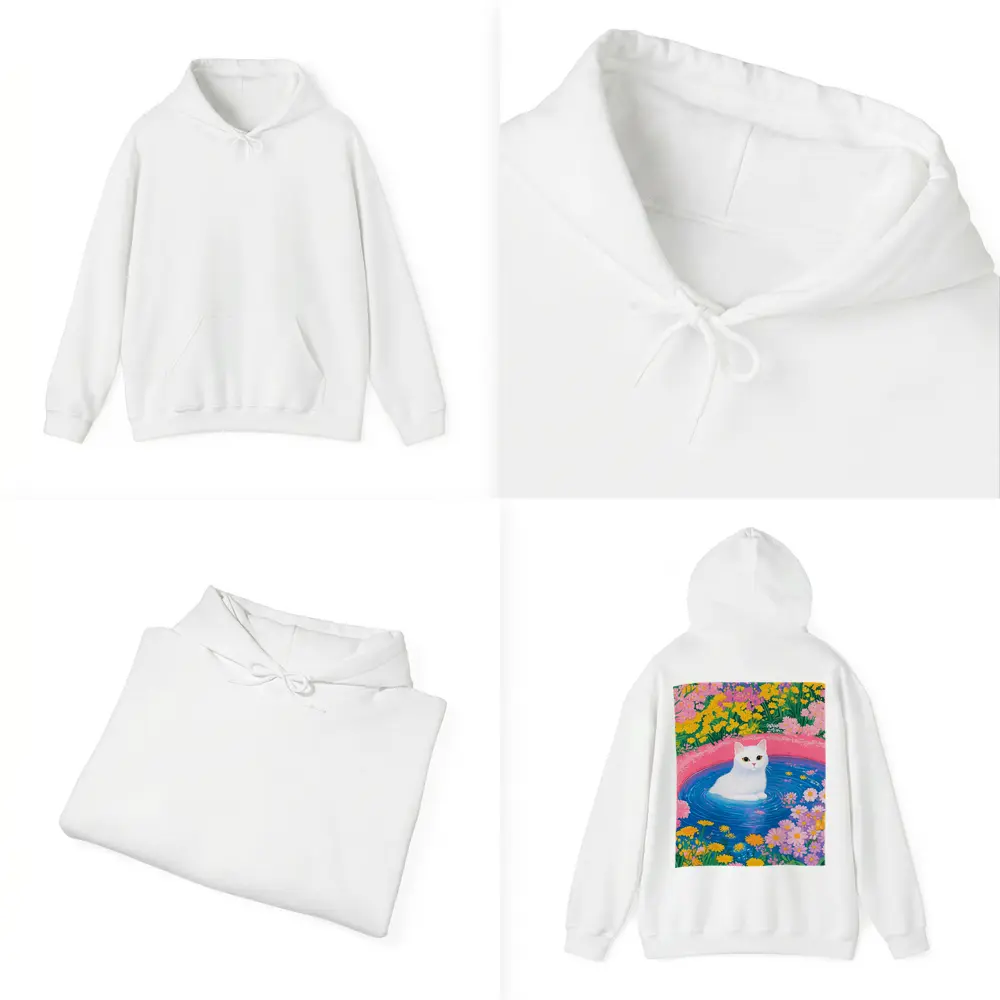 White Cat Sitting in Floral Garden Pool – Hoodies
