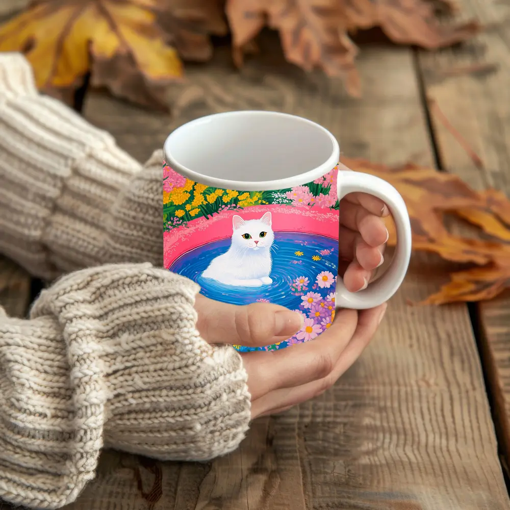 White Cat Sitting in Floral Garden Pool – Mugs