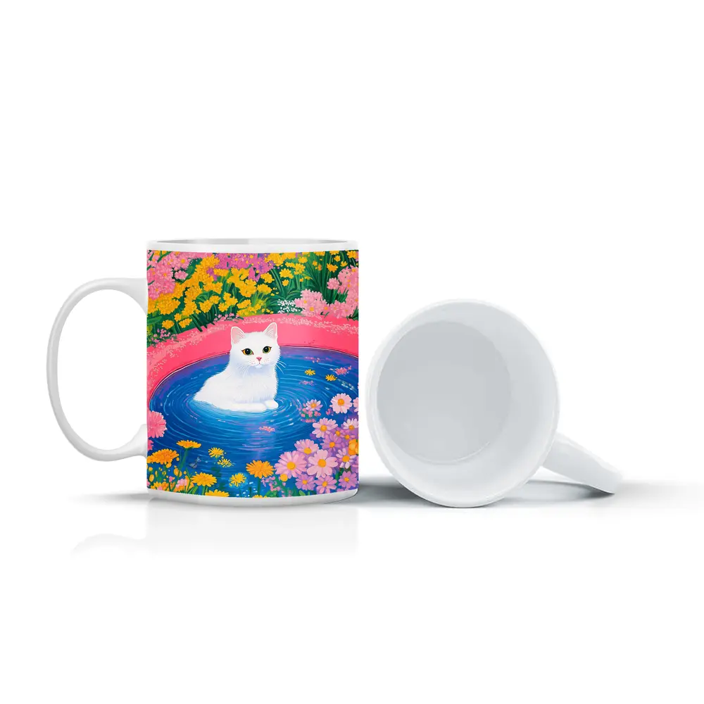 White Cat Sitting in Floral Garden Pool – Mugs