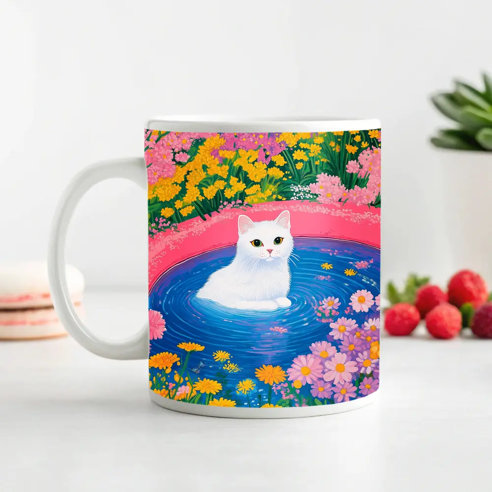 White Cat Sitting in Floral Garden Pool – Mugs