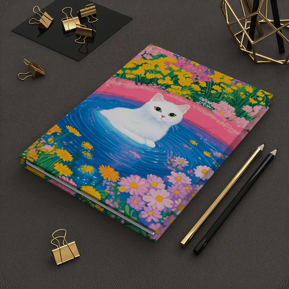 White Cat Sitting in Floral Garden Pool – Notebooks