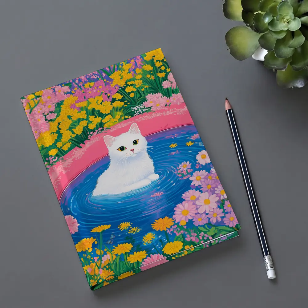White Cat Sitting in Floral Garden Pool – Notebooks