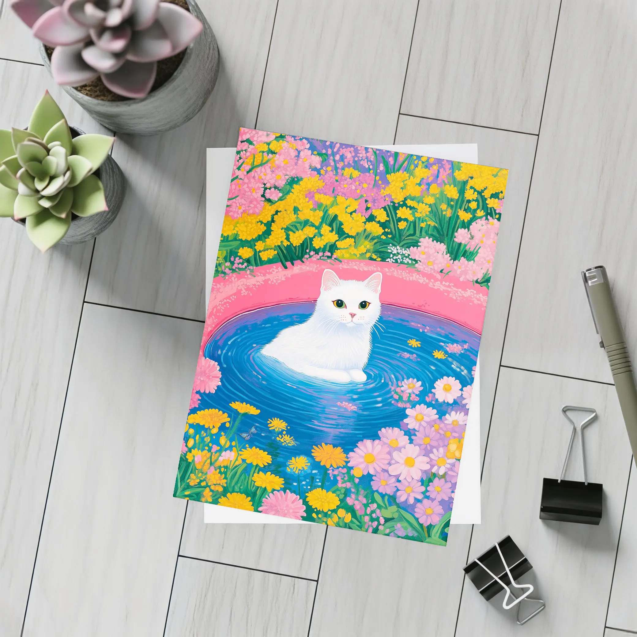 White Cat Sitting in Floral Garden Pool – Postcards