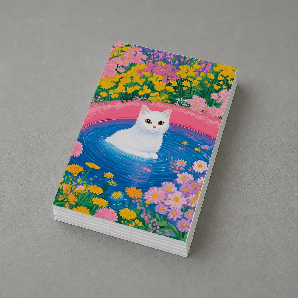 White Cat Sitting in Floral Garden Pool – Postcards
