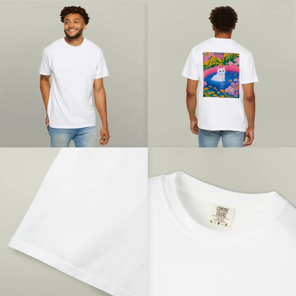 White Cat Sitting in Floral Garden Pool – T-Shirts