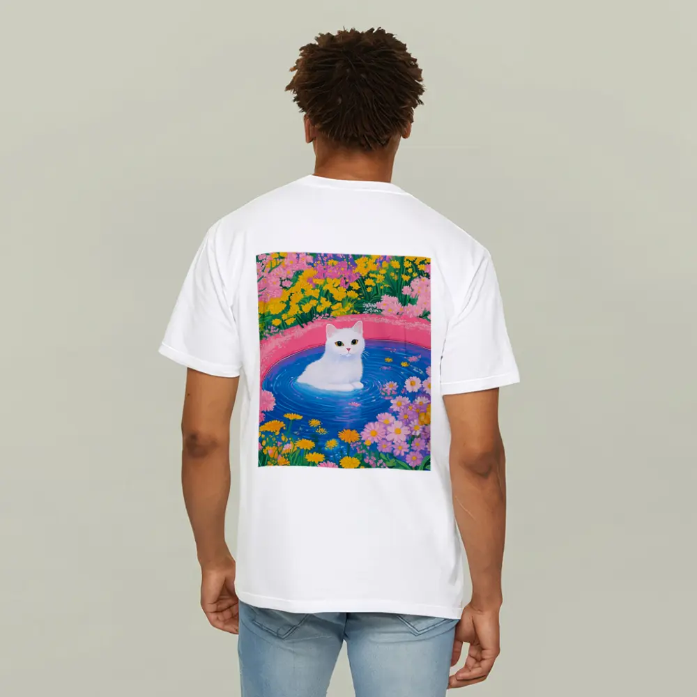 White Cat Sitting in Floral Garden Pool – T-Shirts