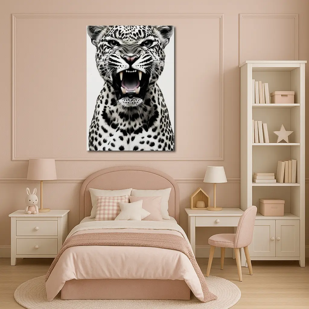 Roaring Leopard Portrait Black White Background – Wall Art