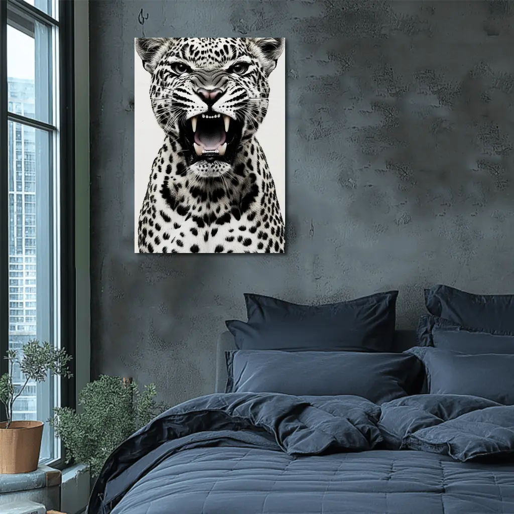 Roaring Leopard Portrait Black White Background – Wall Art