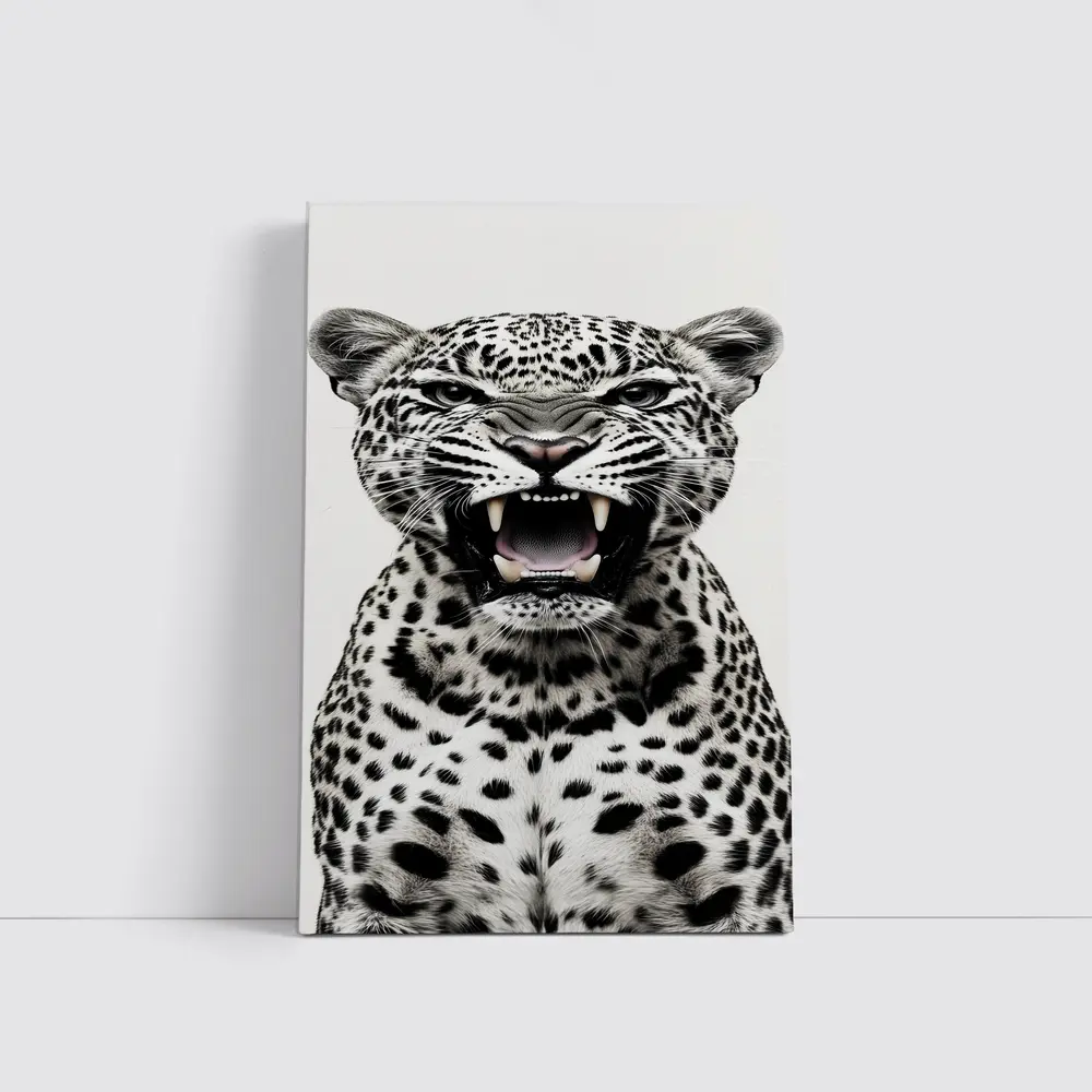 Roaring Leopard Portrait Black White Background – Wall Art