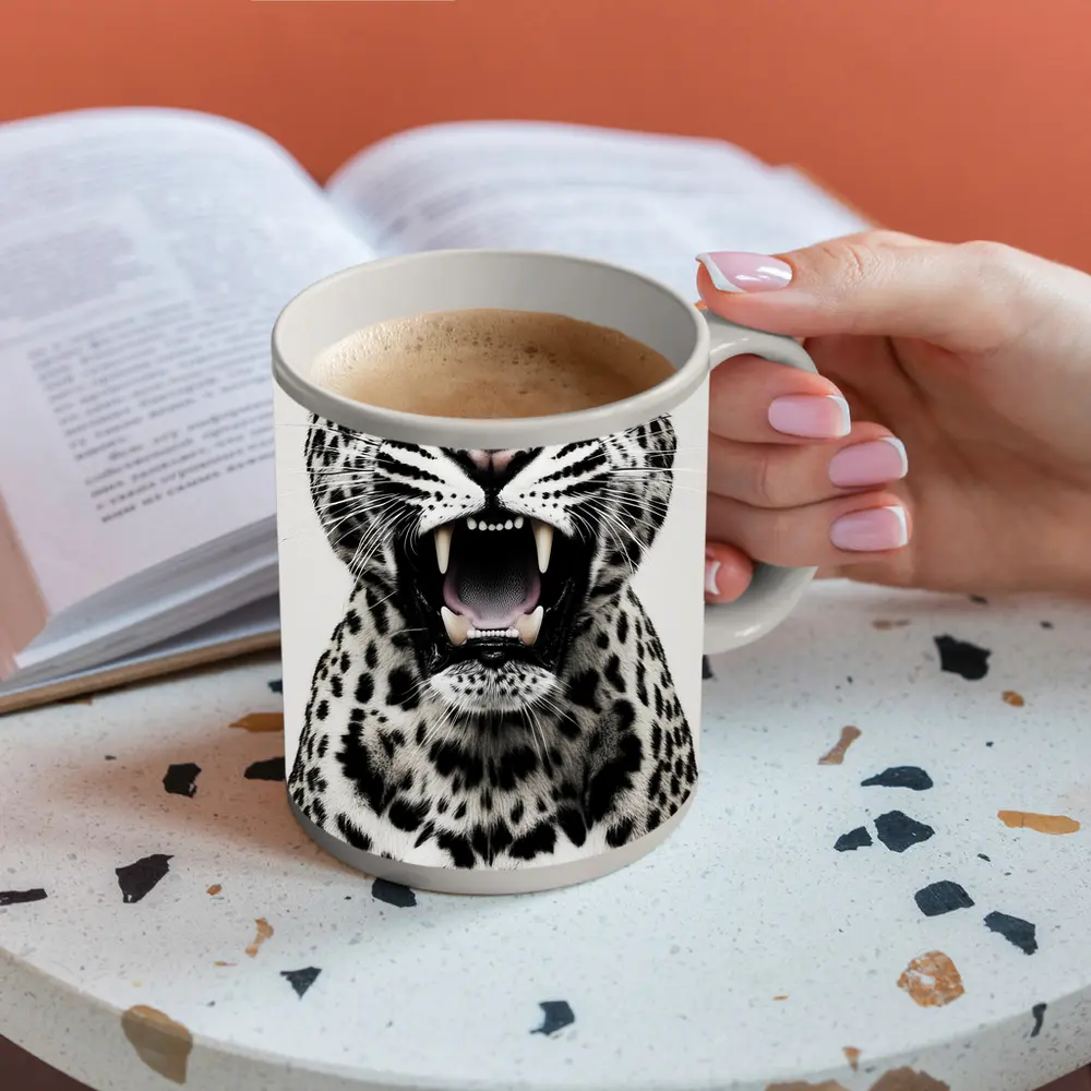 Roaring Leopard Portrait Black White Background – Mugs