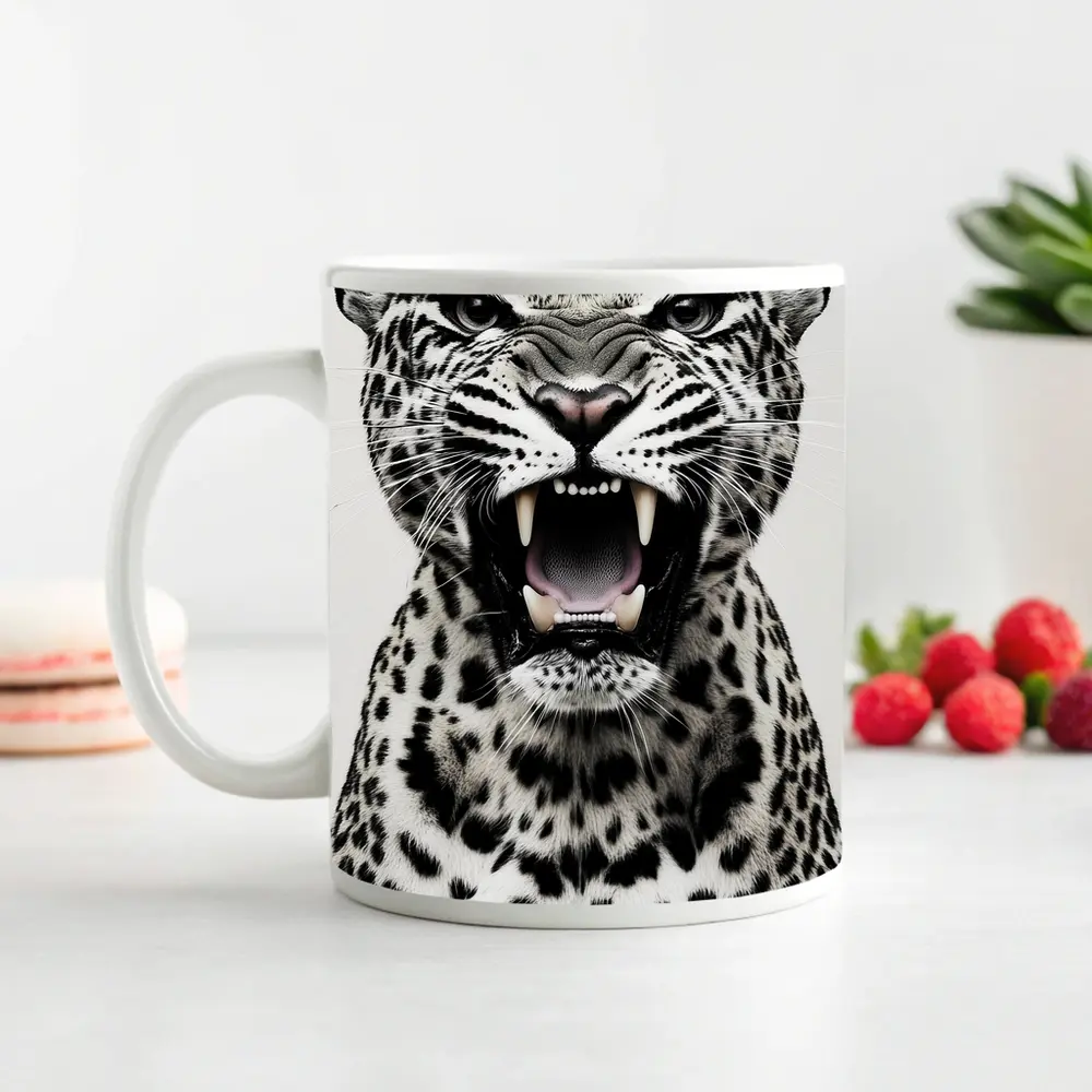 Roaring Leopard Portrait Black White Background – Mugs