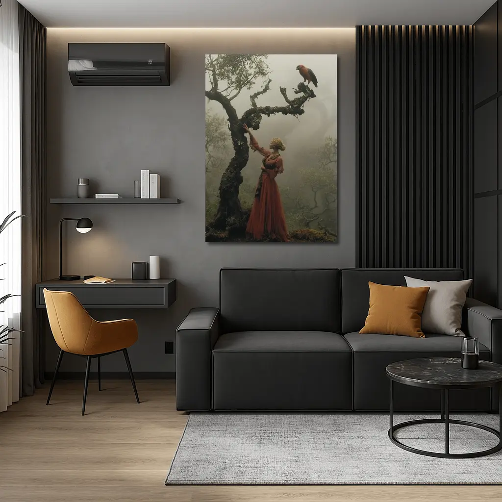 Woman With Red Bird Misty Forest – Wall Art