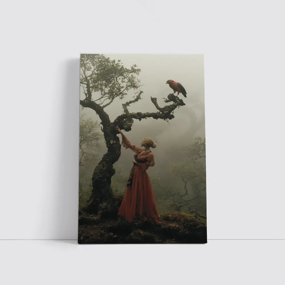 Woman With Red Bird Misty Forest – Wall Art