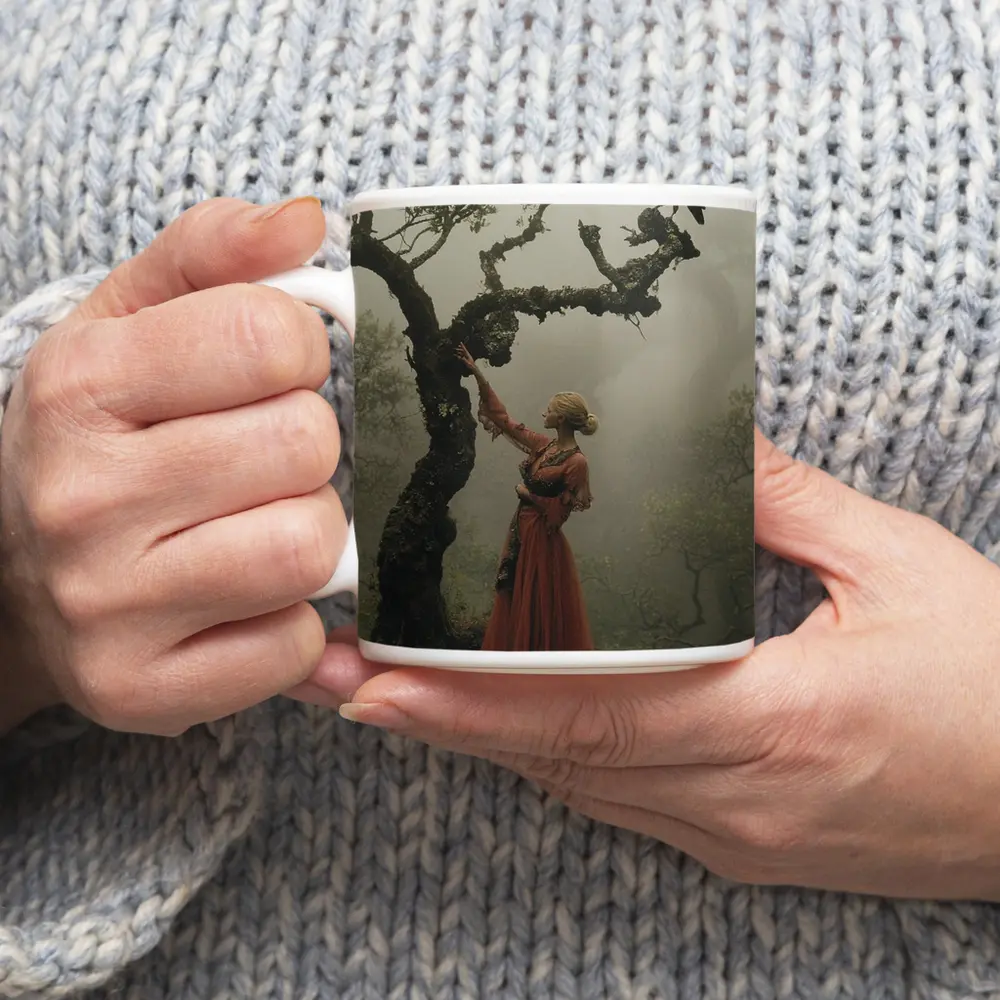 Woman With Red Bird Misty Forest – Mugs